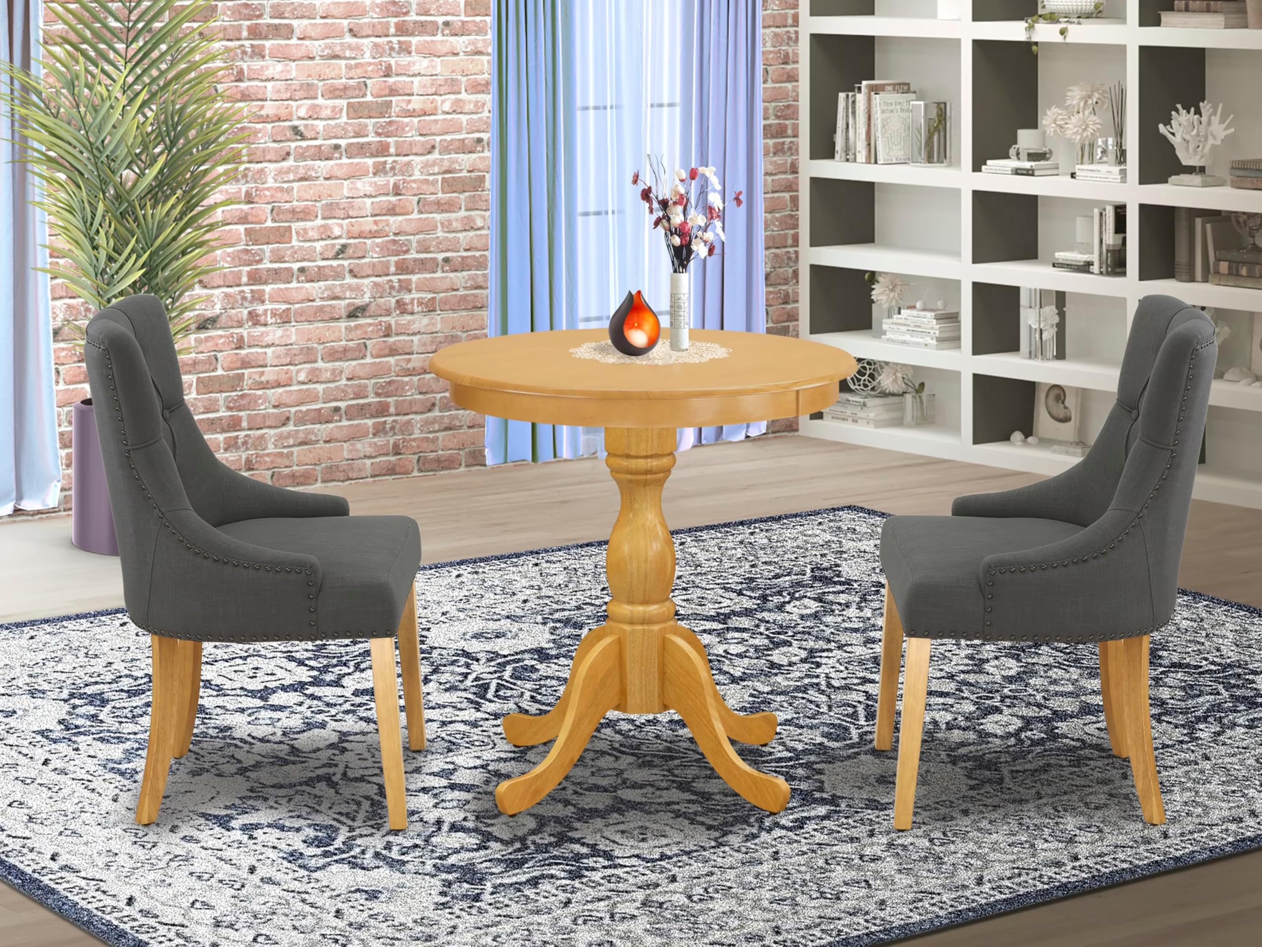 East West Furniture Esfr3-Oak-20 3 Piece Dinette Set For Small Spaces Contains A Round Dining Table With Pedestal And 2 Dark Gotham Linen Fabric Upholstered Chairs, 30X30 Inch, Oak